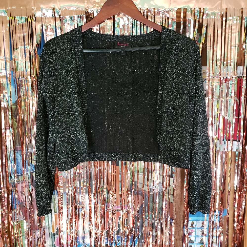 Patricia Field Shrug sparkly black silver lightweight short jacket shrug Large L